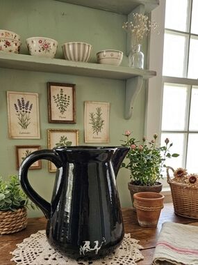Black Ceramic Pitcher with White Dairy Cow Design EUC